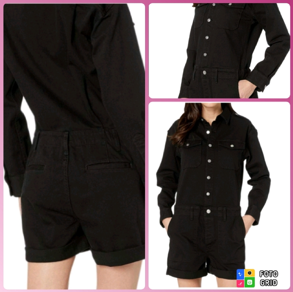 Current/Elliot The Crew Shortall Utility Denim Romper In Jet Black